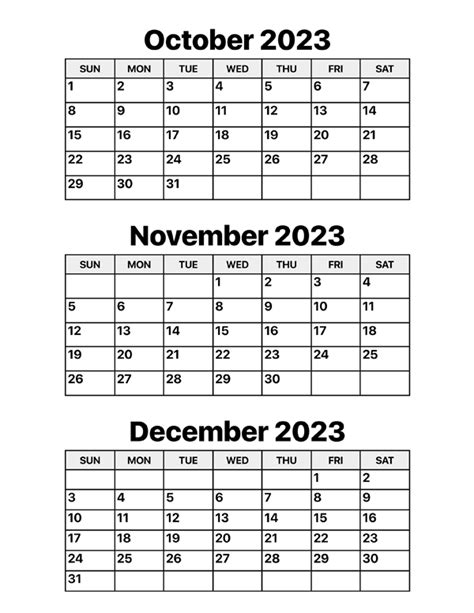 october november december 2023 calendar